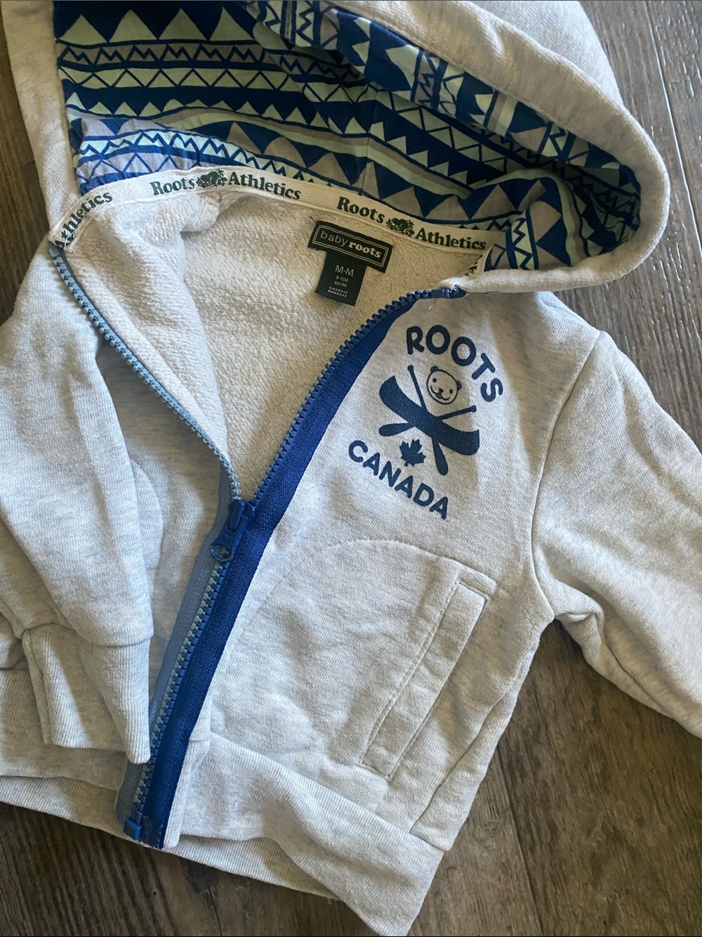 Roots Kids Hooded Zip Sweatshirt in Light Gray with Blue Accents